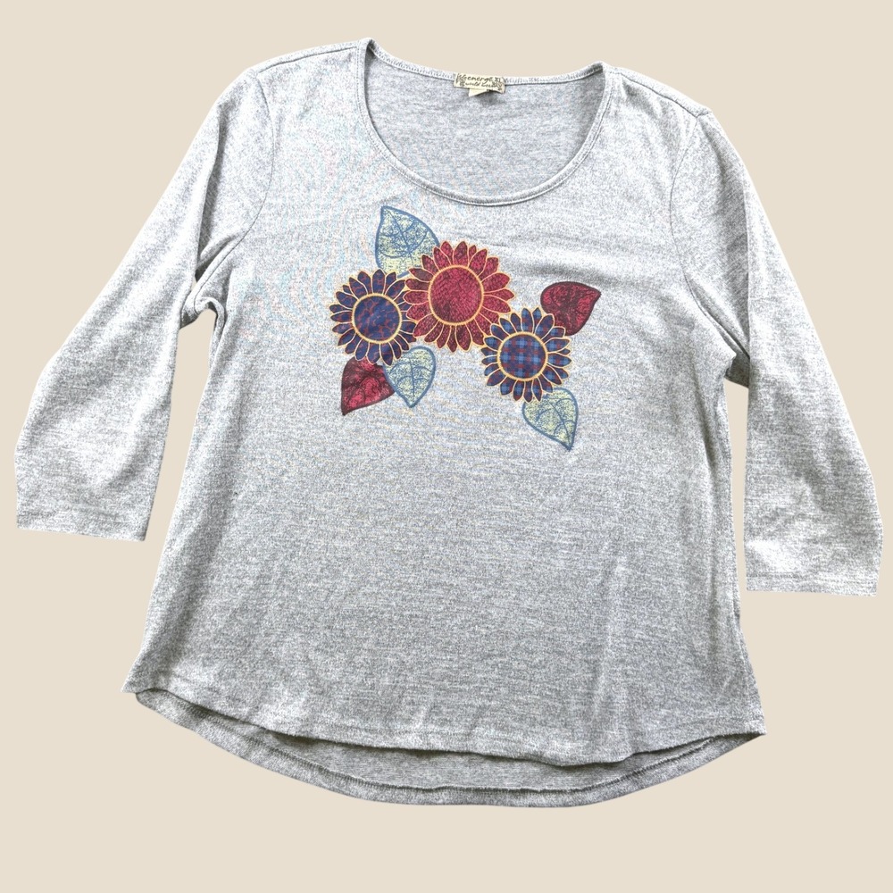 Energe World Wear Knit Top Women XL Gray Sunflower Graphic 3/4 Sleeve Casual